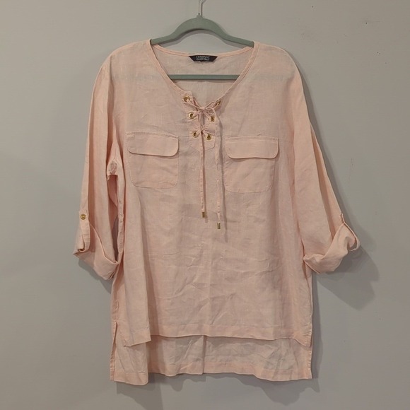 Ellen‎ Tracy 100% Linen Tunic Top Peach Tie Front Roll Tab size 2X - Picture 1 of 11
